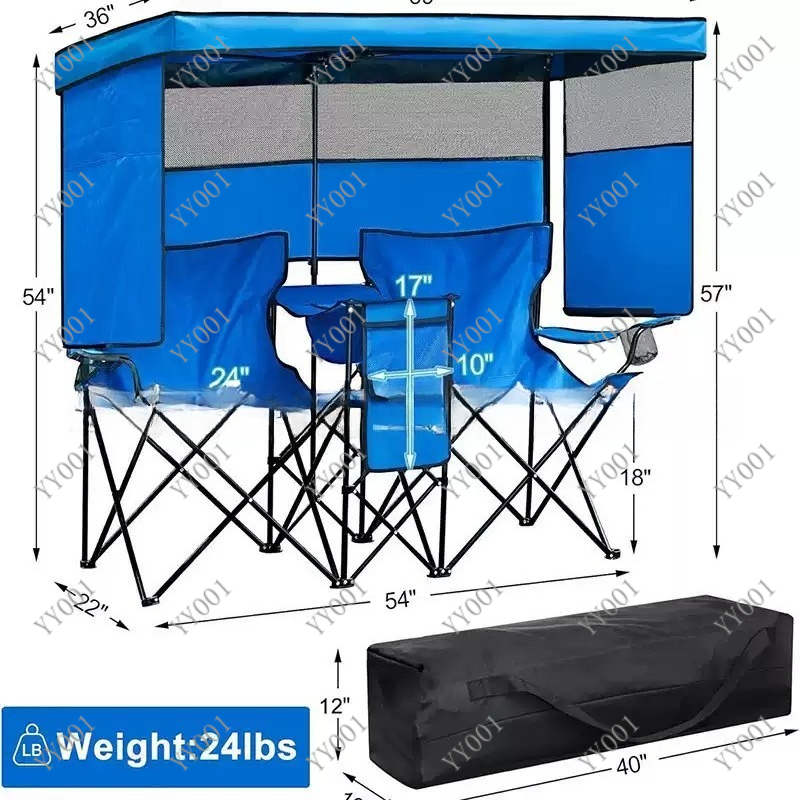 Outdoor Camping Folding Chairs - Tragbarer Doppel-Klapp-Campingstuhl mit Sonnenschutz & Kühlbox